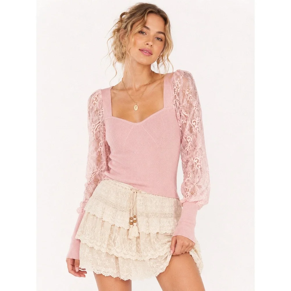 Anthropologie Top Women SP Pink Sweetheart Lace Feminine Romantic Boho Chic Knit